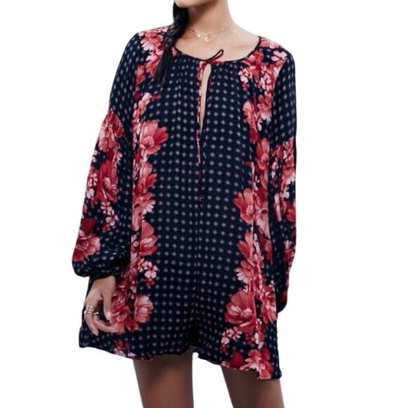 FREE PEOPLE Sunset Boulevard Peasant Sleeve Romper Boho Floral - Sz Medium - Picture 1 of 6